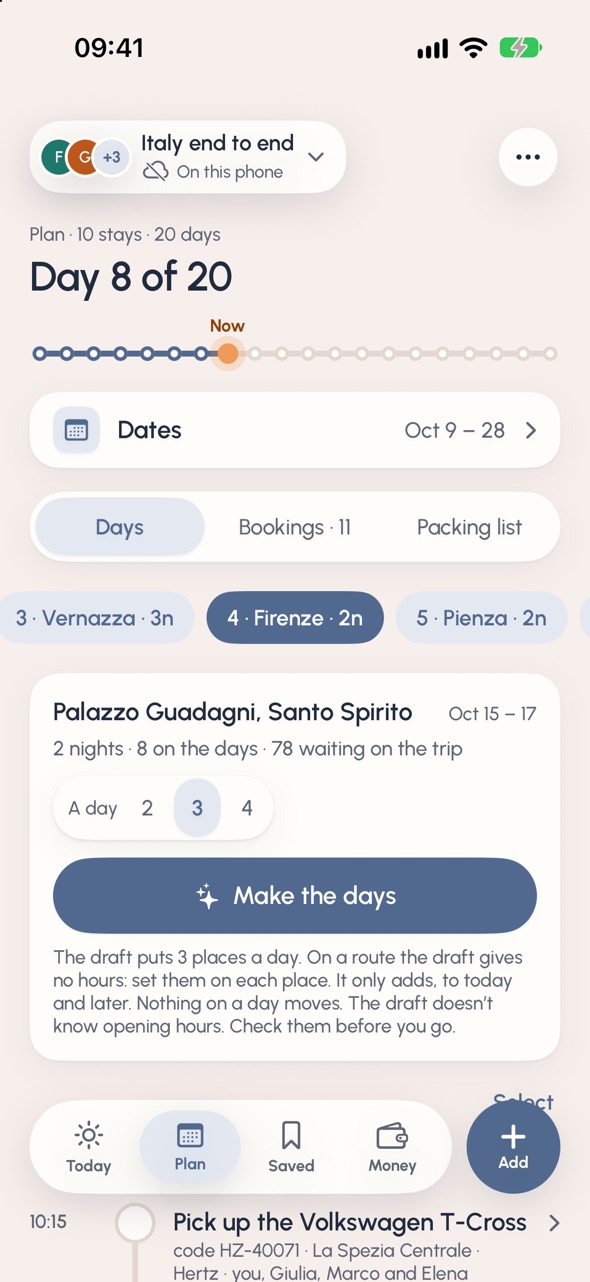 Plan on the Italy trip: day 8 of 20, Oct 9 – 28, the Florence stay at Palazzo Guadagni, Santo Spirito, Oct 15 – 17, with 78 places waiting on the trip and Make the days.
