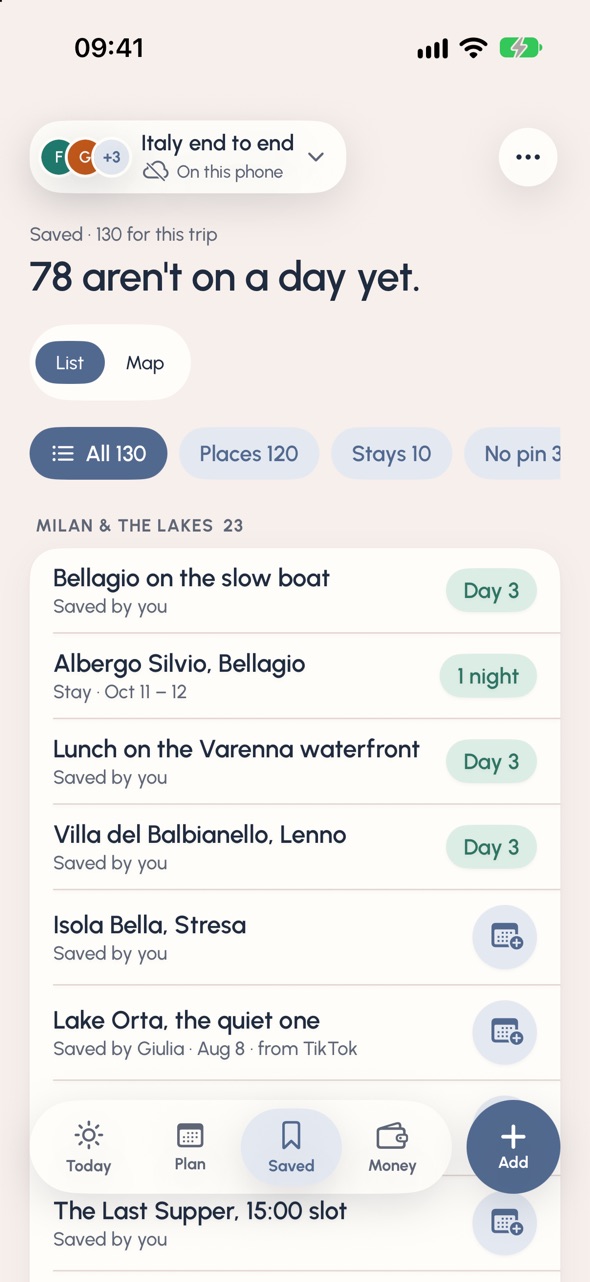 Saved on the Italy trip: 130 saved, 78 aren't on a day yet, listed by area: Milan & the Lakes, with Bellagio on the slow boat, Albergo Silvio in Bellagio and lunch on the Varenna waterfront.
