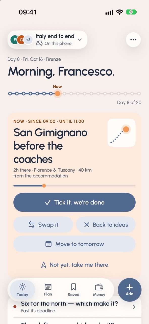 ndemo on iPhone, Today on the Italy trip: Morning, Francesco. Day 8 of 20, and now San Gimignano before the coaches.