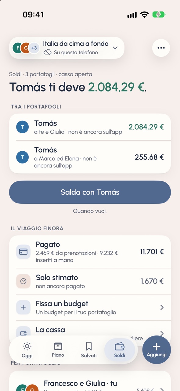 Soldi del viaggio in Italia: Tomás ti deve 2.084,29 €, con Salda con Tomás, 11.701 € pagati finora e 1.670 € solo stimati.