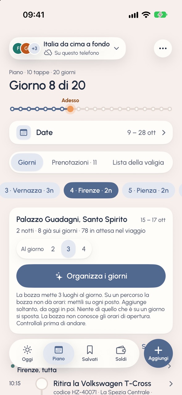 Piano del viaggio in Italia: giorno 8 di 20, dal 9 al 28 ott, la tappa a Firenze a Palazzo Guadagni, Santo Spirito, dal 15 al 17 ott, con 78 posti in attesa nel viaggio e Organizza i giorni.