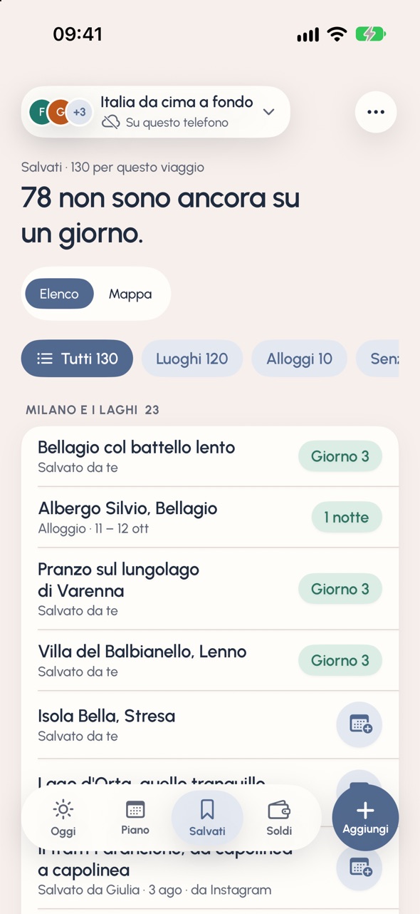 Salvati del viaggio in Italia: 130 salvati, 78 non sono ancora su un giorno, in elenco per zona: Milano e i laghi, con Bellagio col battello lento, l'Albergo Silvio a Bellagio e il pranzo sul lungolago di Varenna.