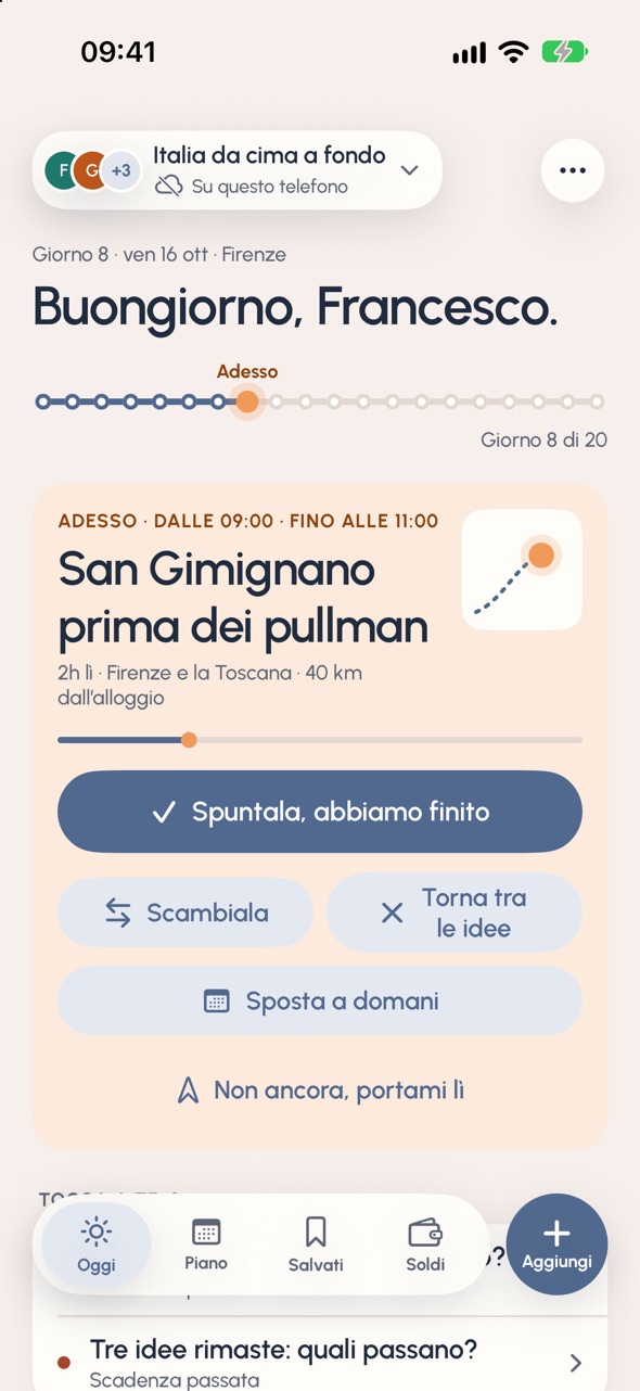 ndemo su iPhone, Oggi sul viaggio in Italia: Buongiorno, Francesco. Giorno 8 di 20, e adesso San Gimignano prima dei pullman.